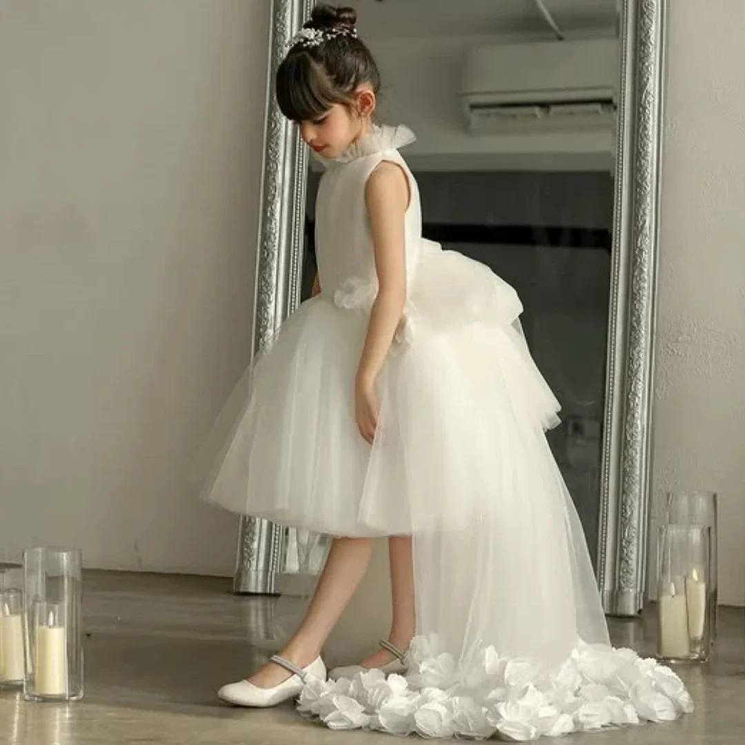 

Customized Ivory Flower Girl Dress with High Collar Tulle3D FlowersElegant Gown for Kids Wedding First Communion Formal Occasion