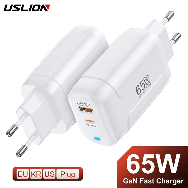 USLION USB Type C Fast Charger 65W GAN QC3.0 PD For Macbook Ipad Laptop Tablet Travel Quick Charger Mobile Phone USB C Charging