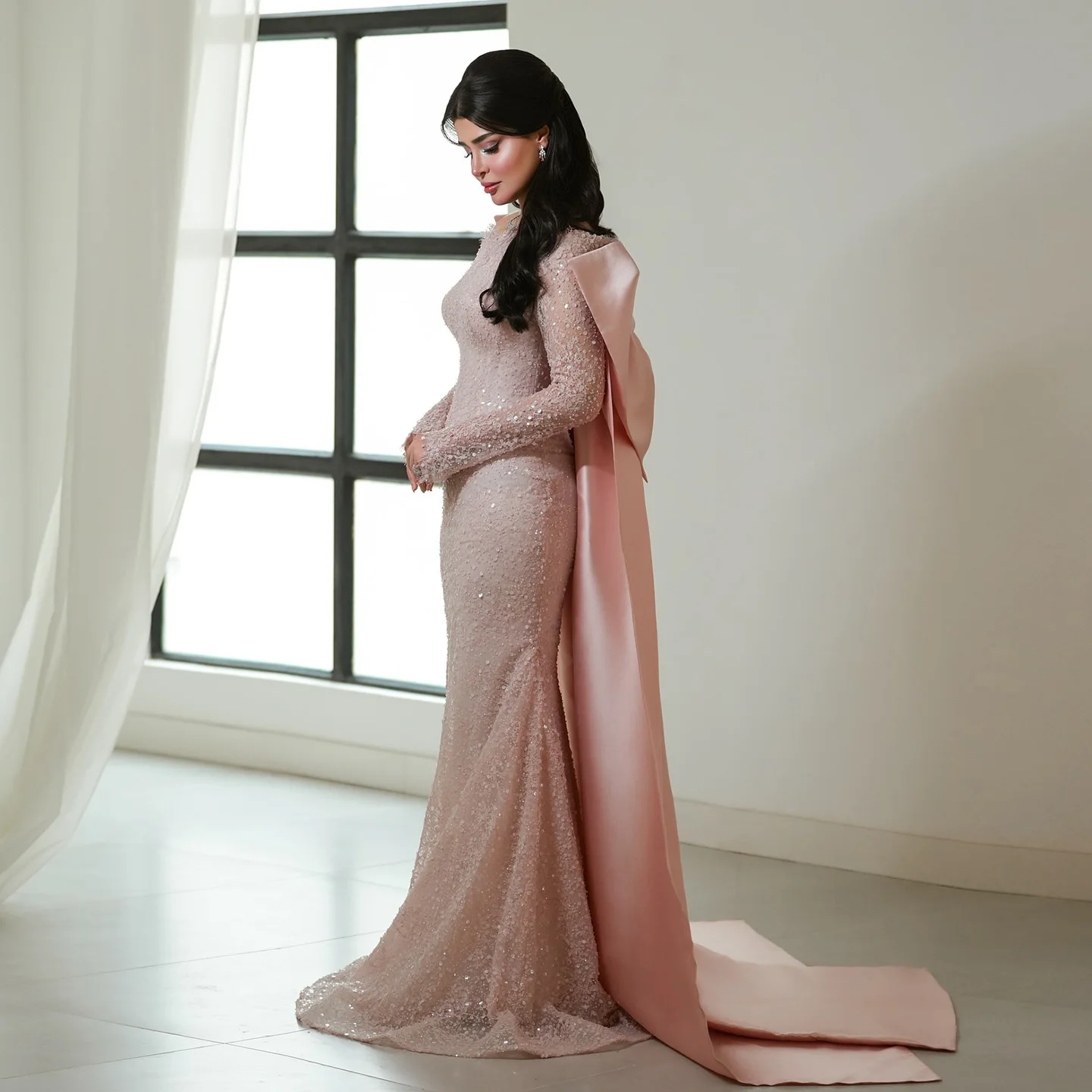 chinese dress ladies Lace Two Piece Long Sleeve Wedding Dresses Blush Pink Beach Wedding  Dress,MW496