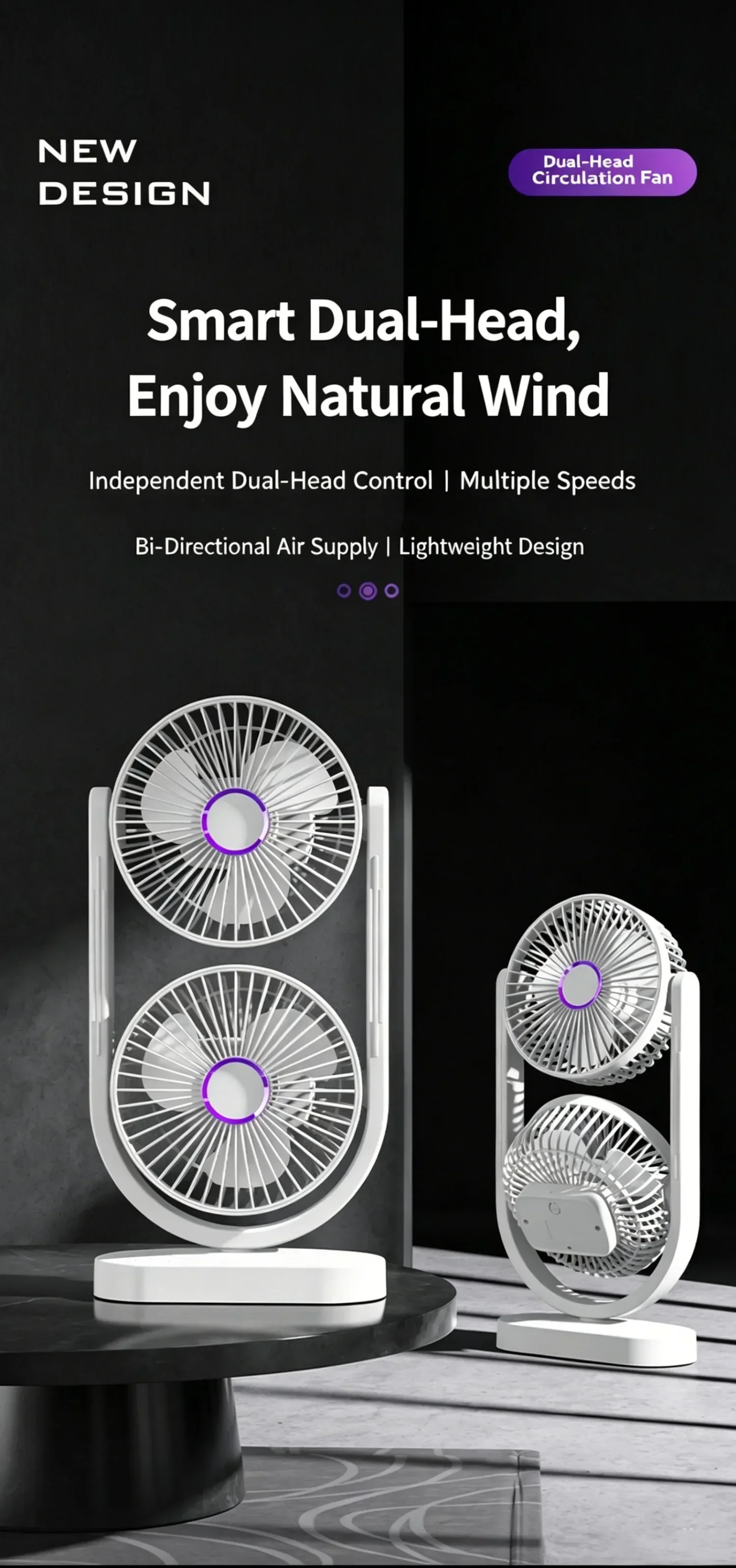 Dual-Head-Schreibtischventilator mit unabhängiger Steuerung, USB wiederaufladbar, 3 Geschwindigkeitsstufen, 360° verstellbar ° Geräuscharmer Twin-Turbo-Lüfter für Büro und Zuhause – Detail 1