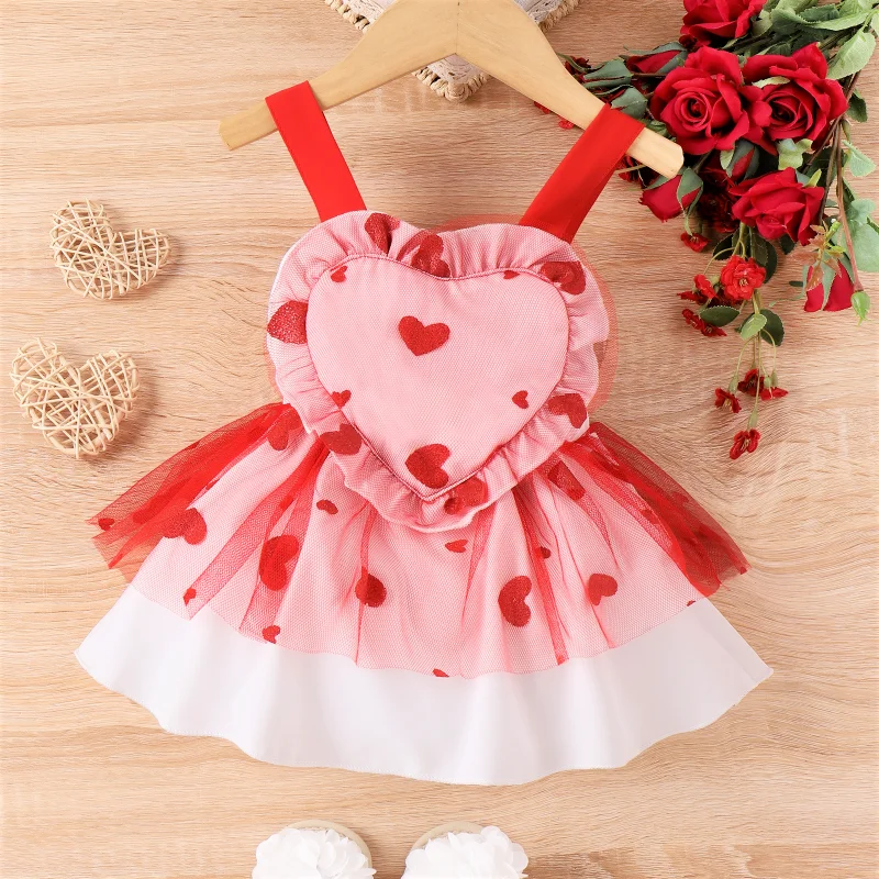 PatPat Valentine's Day Baby Girl Heart-Shaped Mesh Dress