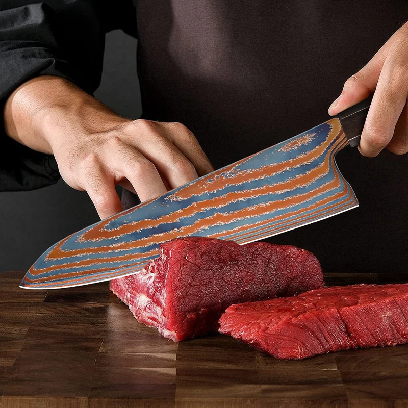 80 Layers Titanium Damascus steel Knife 8 inch Chef Knife Timascus knife blade Super sharp kitchen knife Ebony Wood Handle