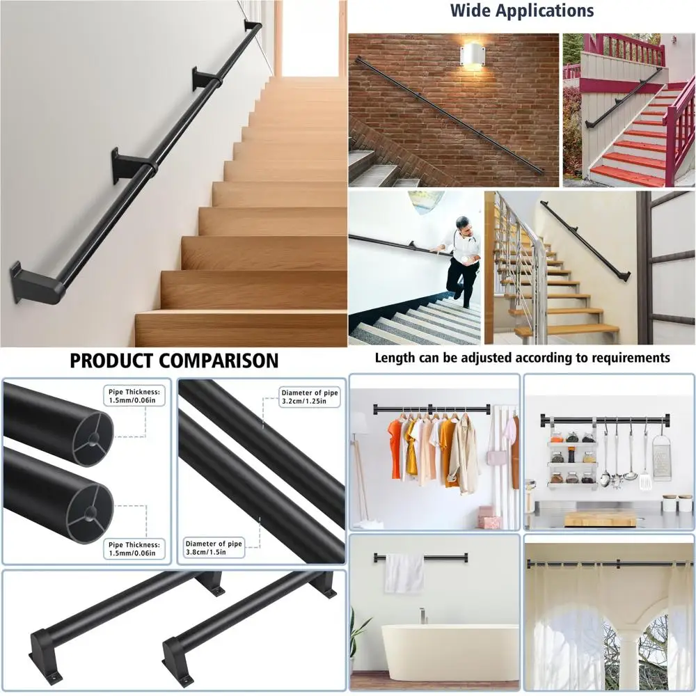 درابزين سلالم داخلية معدنية مثبتة على الحائط درابزين بقطر 1.25 للدرج، درجة صناعية، درابزين خطوة آمنة ومتينة #1