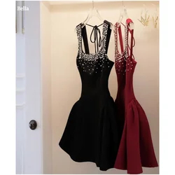 Bella Customize Glitter Spaghetti Strap robes de soirée Satin Strapless Prom Dresses Sleeveless Short Skirt Wedding Dress 2025