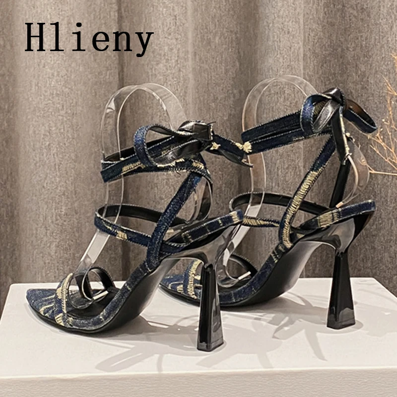 Hlieny Sexy Pointed Toe Women Lace-up Sandals Fashion Denim Ankle Strap Summer Gladiator Party Stripper Thin High Heels Shoes