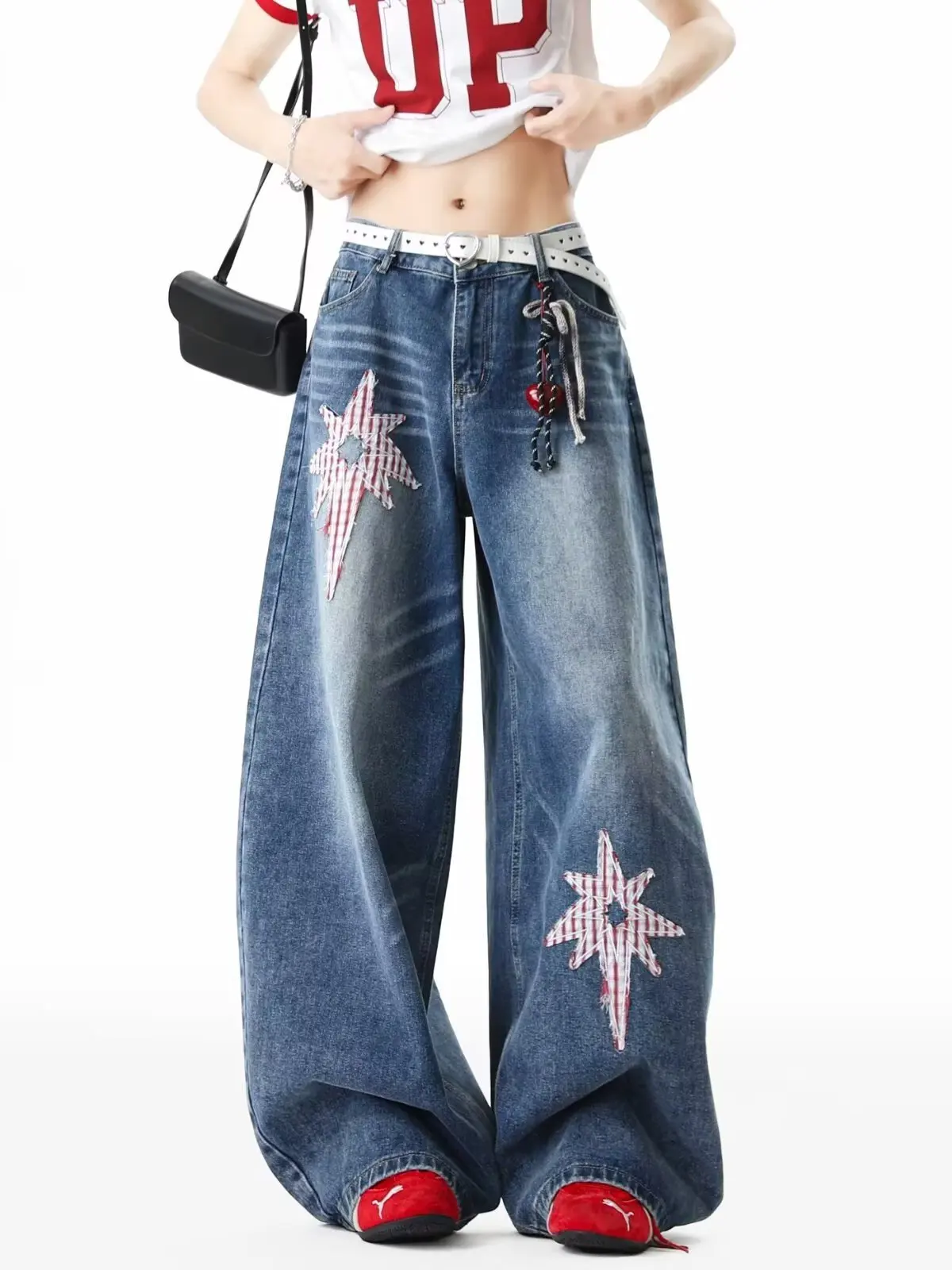 Calça Jeans Estilo Americano com Estampa de Gato para Homens e Mulheres, Outono, Corte Solto Casual, Comprimento Longo, Cintu...