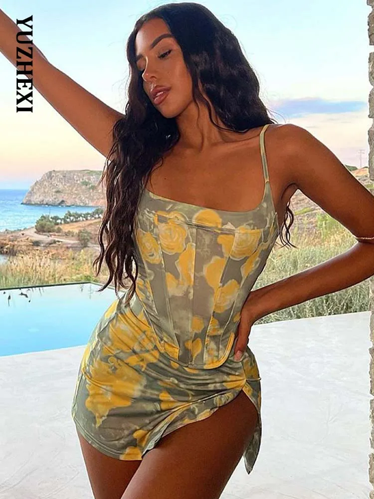 

YUZHEXI Spring Floral Corset Top & Mini Skirt Two Piece Set for Women Olive Short Dress Outfits Cute Party Streetwear Y2k