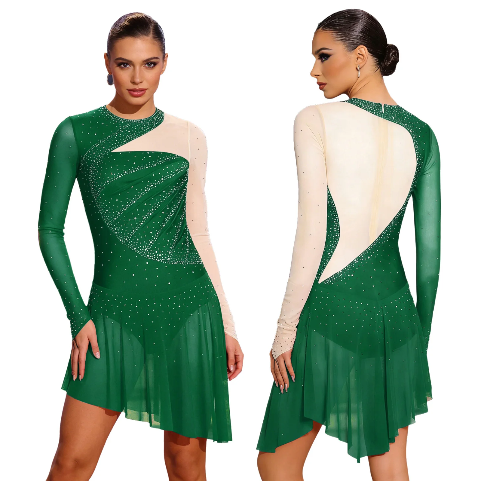 

Женское платье-боди для фигурного катания с длинным рукавом, блестящими стразами и прозрачной сеткой, для гимнастики, акробатики, лирического танца