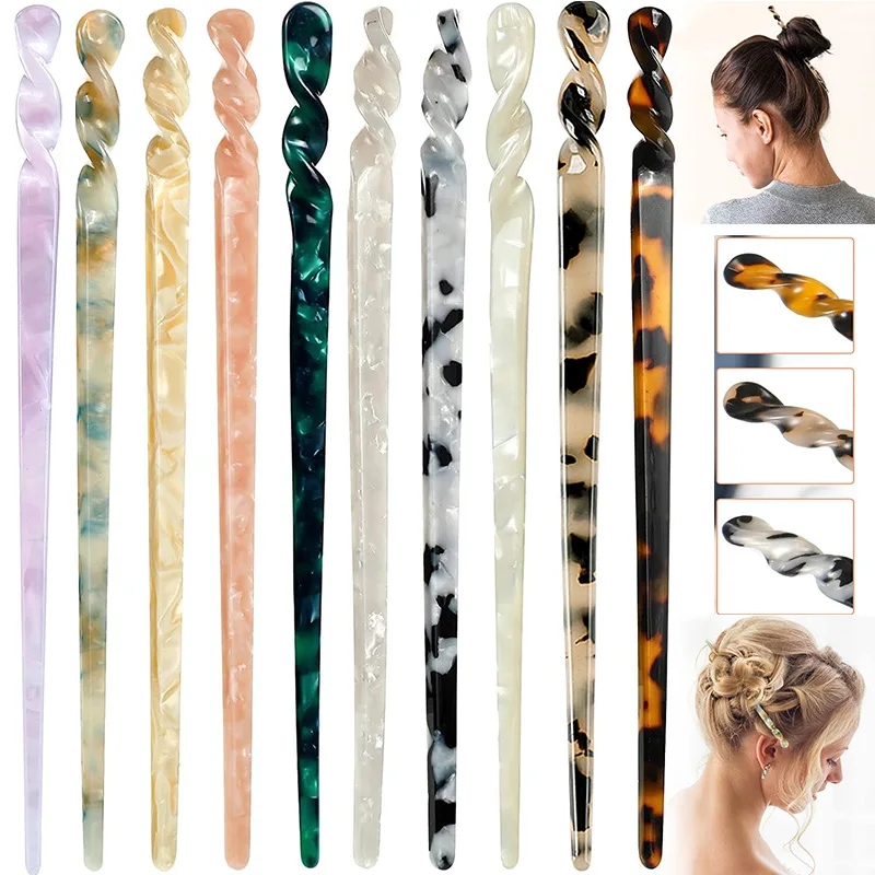 Women Chinese Style Hair Sticks Hairpins Vintage Acetate Fiber Chopsticks Plate Hair Clips One Word Pins Girls Hair Accessories