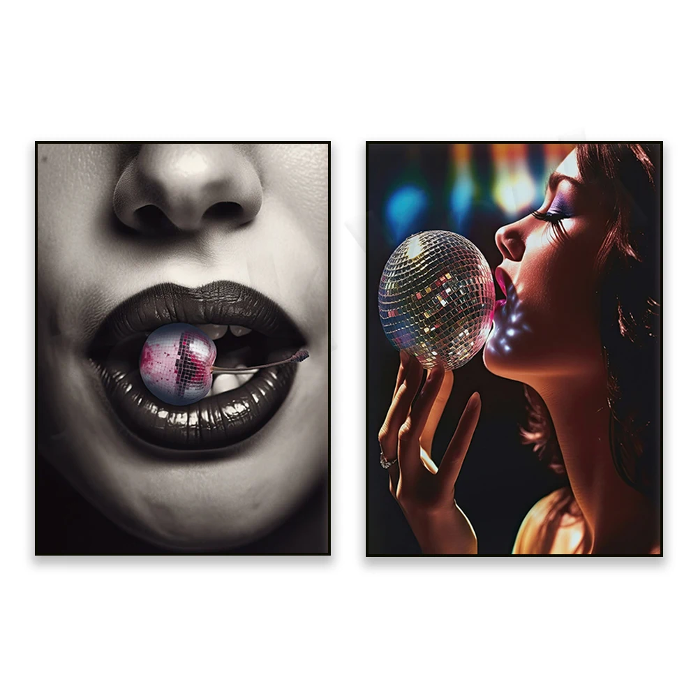 Disco ball cherry art, black and white disco cherry, kiss me disco ball trendy wall art poster, modern aesthetic room decoration