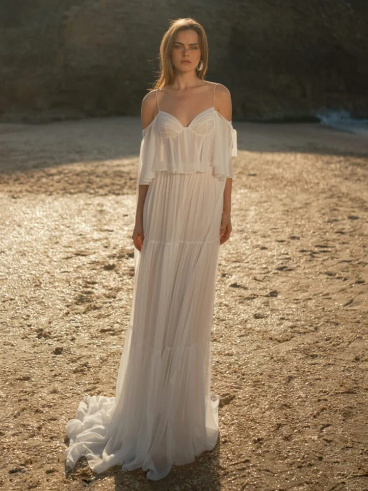 Schatz-Chiffon-Brautkleid in A-Linie, schulterfrei, einfache Braut-Strandkleider, Rüschenröcke DW1036