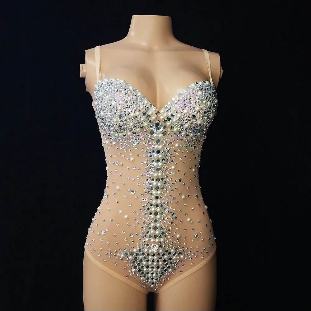 Sexy V Neck Perspective Mesh Elastic Crystals Bodysuit Women Dancer Stage Performance Costume Luxurious Gemstones Pearls Tights