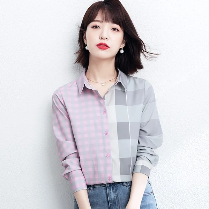 Women's Plaid irt Long Sve Spring Autumn Faion Loose Chiffon Top Design Sense Korean Sle Straight Cut Button up