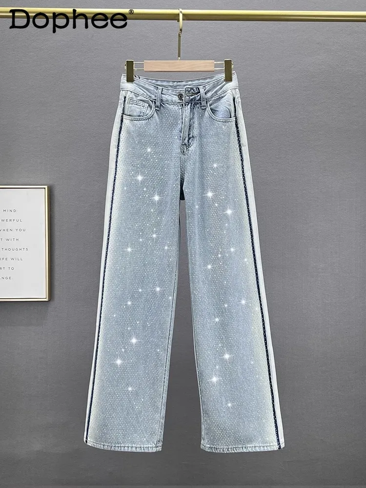 

European Goods Hot Drilling Wide Leg Pants Women 2024 Spring Summer High Waist Mop Pants Jeans Womens Trousers Baggy Jeans