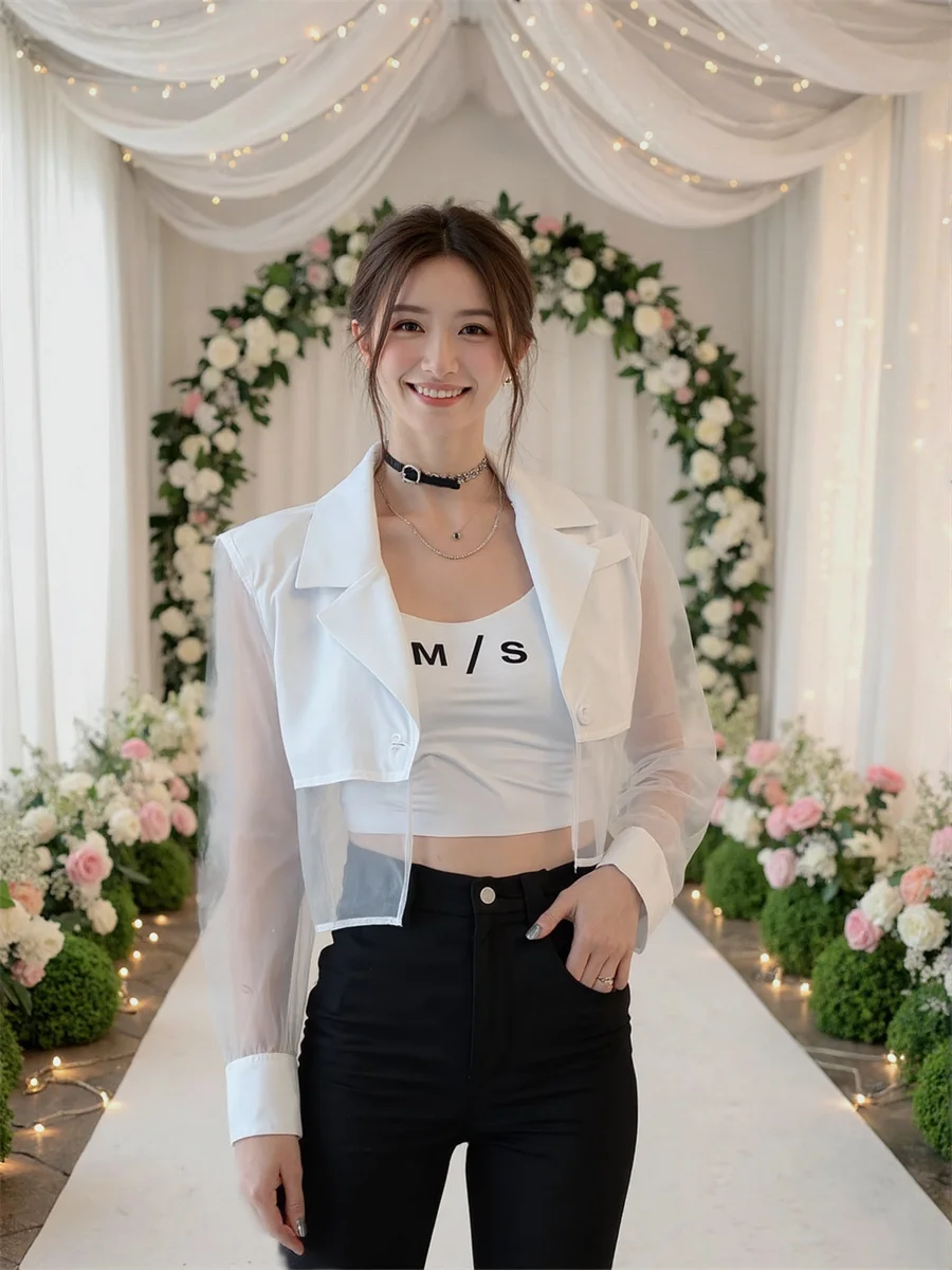 

Sun-proof Cropped See-through Back-Slit Blazers For Woman With Designs Clothes Women Geometric Prom Girls Tie-Waist Two-Layer OL