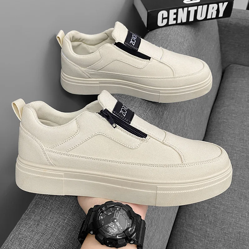 

HKDQ Fashion Canvas Shoes For Men Trend Design Zip Men's Loafers Original Beige Slip-on Espadrilles Platform Casual Sneakers Man