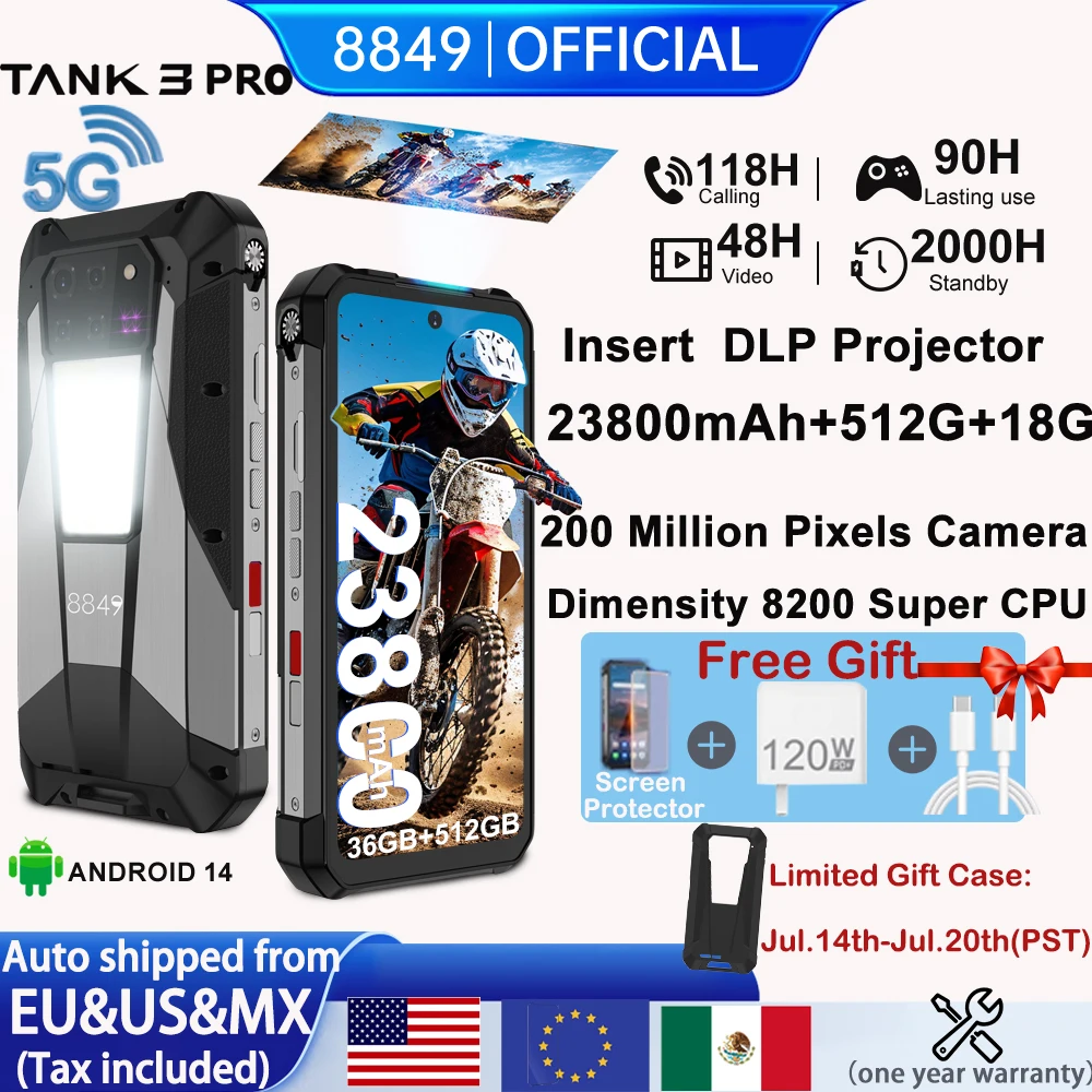 

8849 Tank 3 Pro by Unihertz Rugged Projector Smartphone Android 32/36GB RAM 512GB ROM 5G 120W Charger 23800mAh OTG Mobile Phone