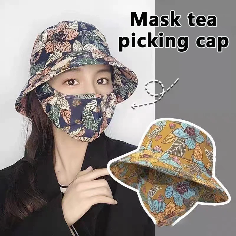 Outdoor Flower Pattern Anti-uv Sunscreen Hat Fashion Dust Mask Hat Protect Neck Women Men Fisherman Hat Tea Picking Cap