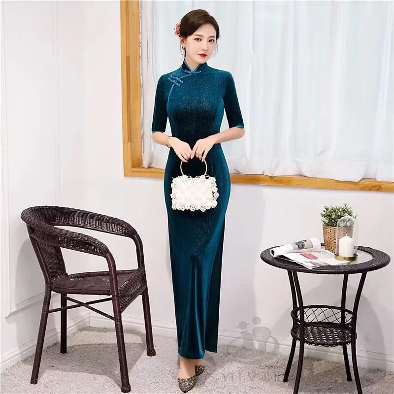 S- 6XLNew Cheongsam Gold Velvet Long Dress Women Retro Chinese Style Spring Autumn Elegant Paryt Maxi Dresses Mother Vestidos