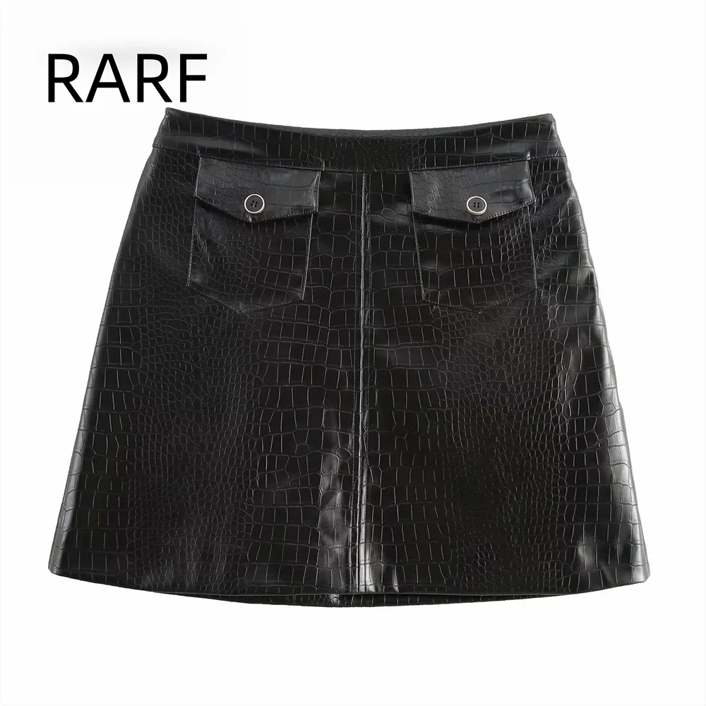 

Women's new autumn and winter black A-line pocket imitation leather high waist embossed temperament mini skirt