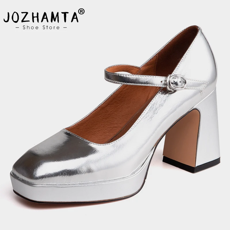 JOZHAMTA Size 33-40 Genuine Leather Women Pumps Thick High Heels Platform Shoes Buckle Strap Square Toe Office Lady Daily Dress