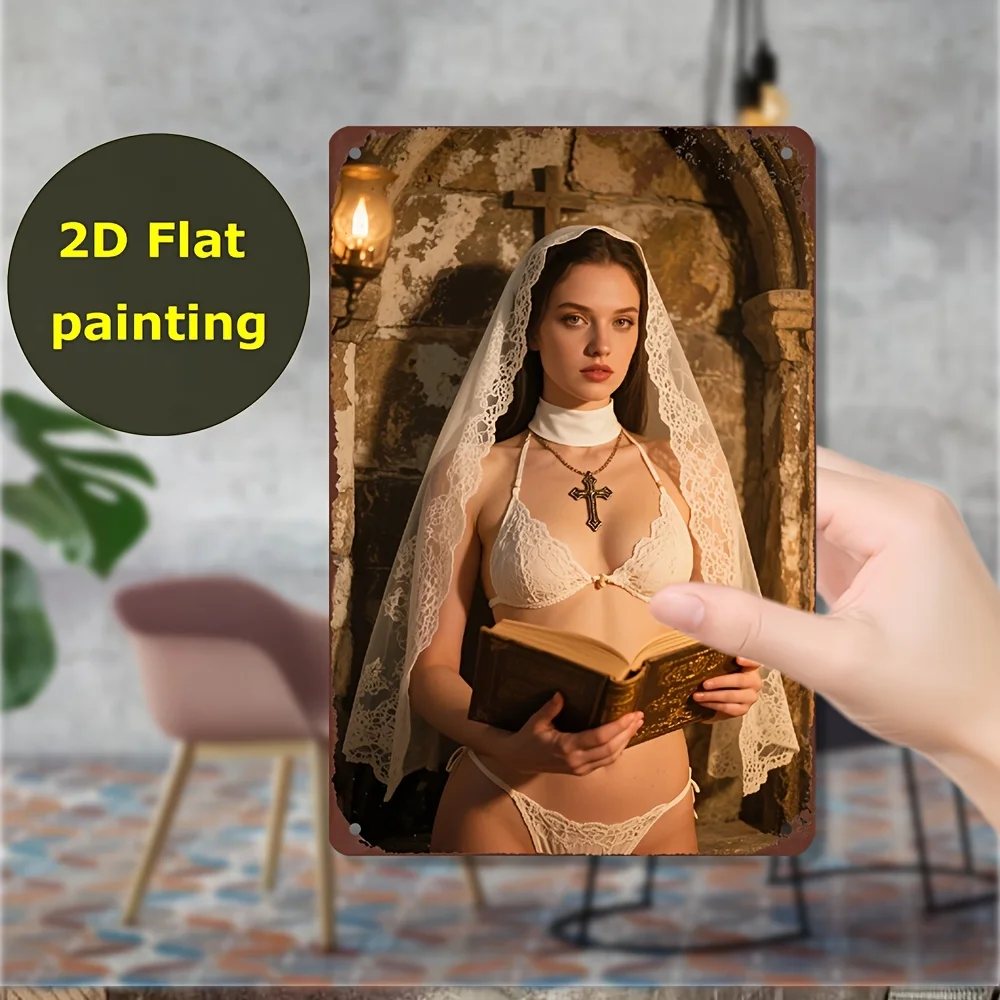 

Vintage Sexy Nun & Nurse 2D Flat Metal Sign - 12x8 Inch Wall Art for Home, Garage, Cafe Decor, Unique Gift Idea