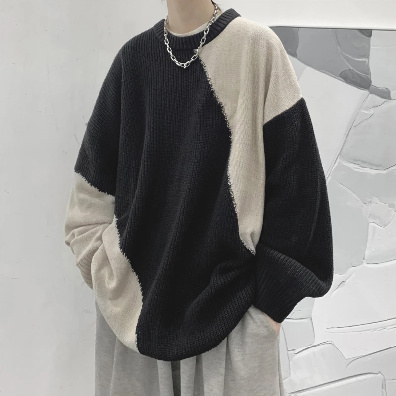 Pullovers Men Casual Loose Warm Panelled Autumn Winter Knitting Spliced Male Japanese Style Round Neck Vintage Simple All-match