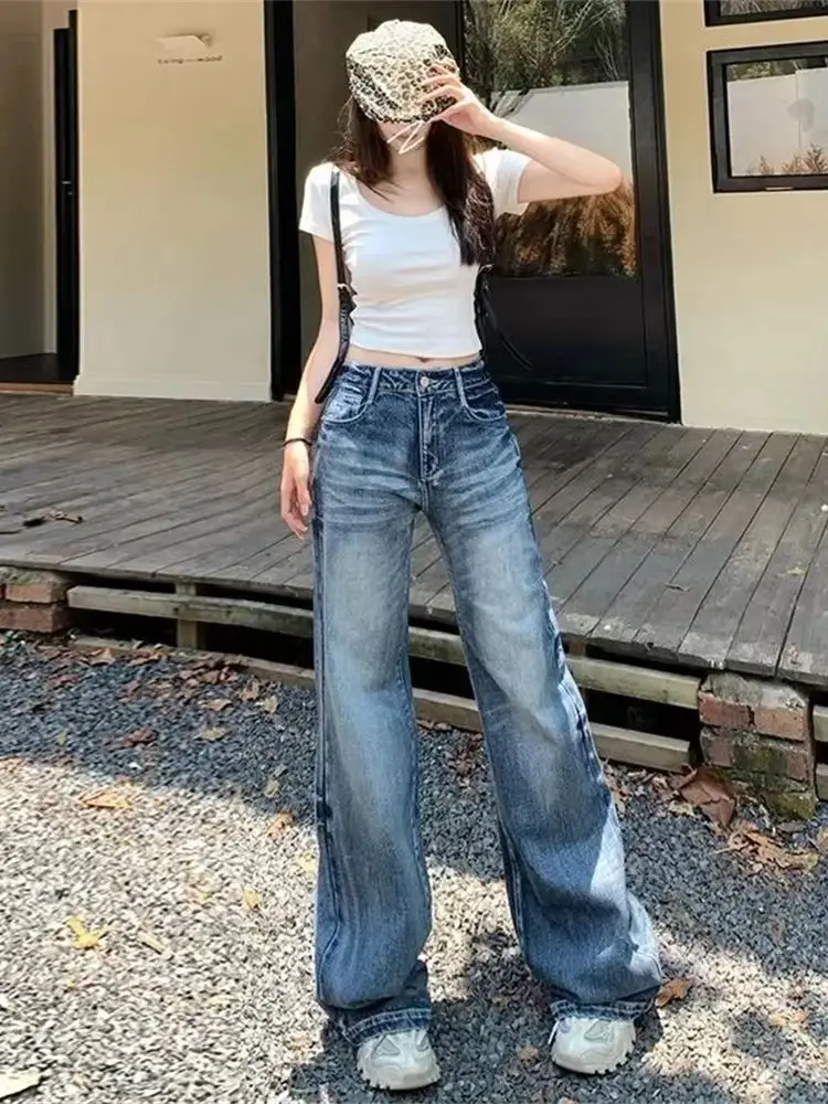 American Loose Wide Leg Jeans for Women Streetwear Vintage Straight Baggy Y2k High Waist Casual Denim Pants Washed Blue Trousers
