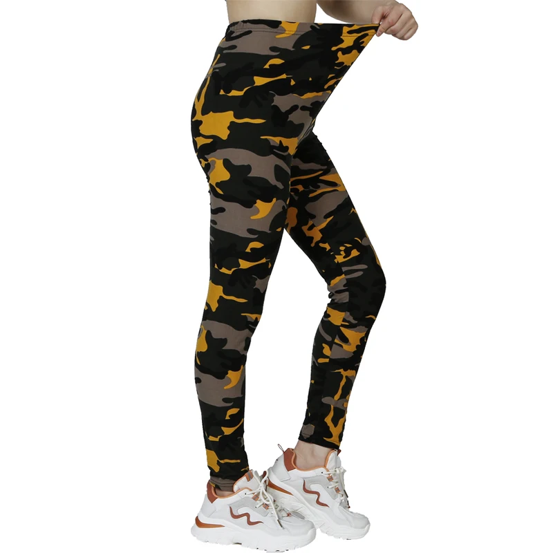 PD73 Camouflage Yellow Gray Printed WOMEN\'S Casual Sports Leggings with High Elasticity, Slim Fit, and Tight Cropped Pants