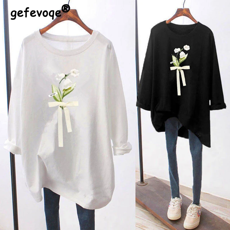 Women Simple Floral Print Oversized Streetwear Cotton T-shirts Spring Autumn Casual O Neck Long Sleeve Tunic Top Female Clothing