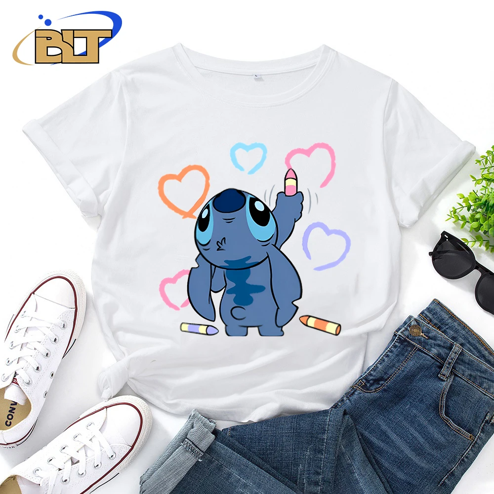 

Lilo & Stitch Printed Women's T-Shirt Stitch Casual Top White Cotton Short Sleeve