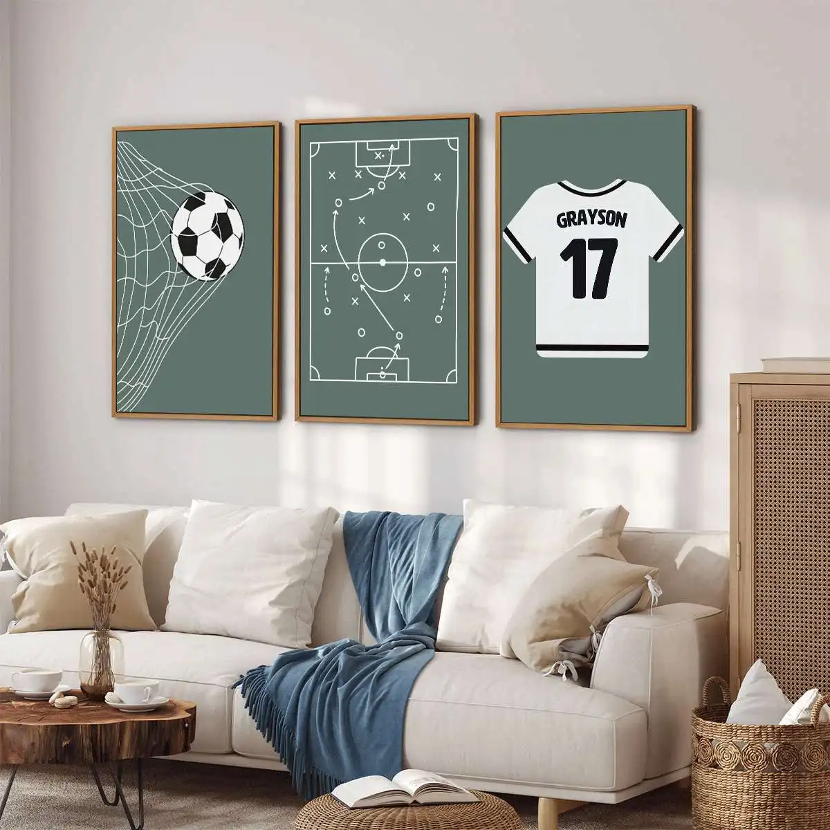 اسم ورقم مخصص لوحة فنية جدارية مخصصة بطابع كرة القدم، أخضر ناعم، مجموعة ملصقات قابلة للطباعة مكونة من 3 قطع، ديكور المنزل والنادي