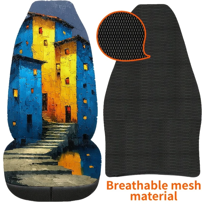 Two Pieces Of Bohemian Style Blue And Yellow Building Printed Car Seat Covers, Easy To Clean, Unisex Front Seat Protectors For C