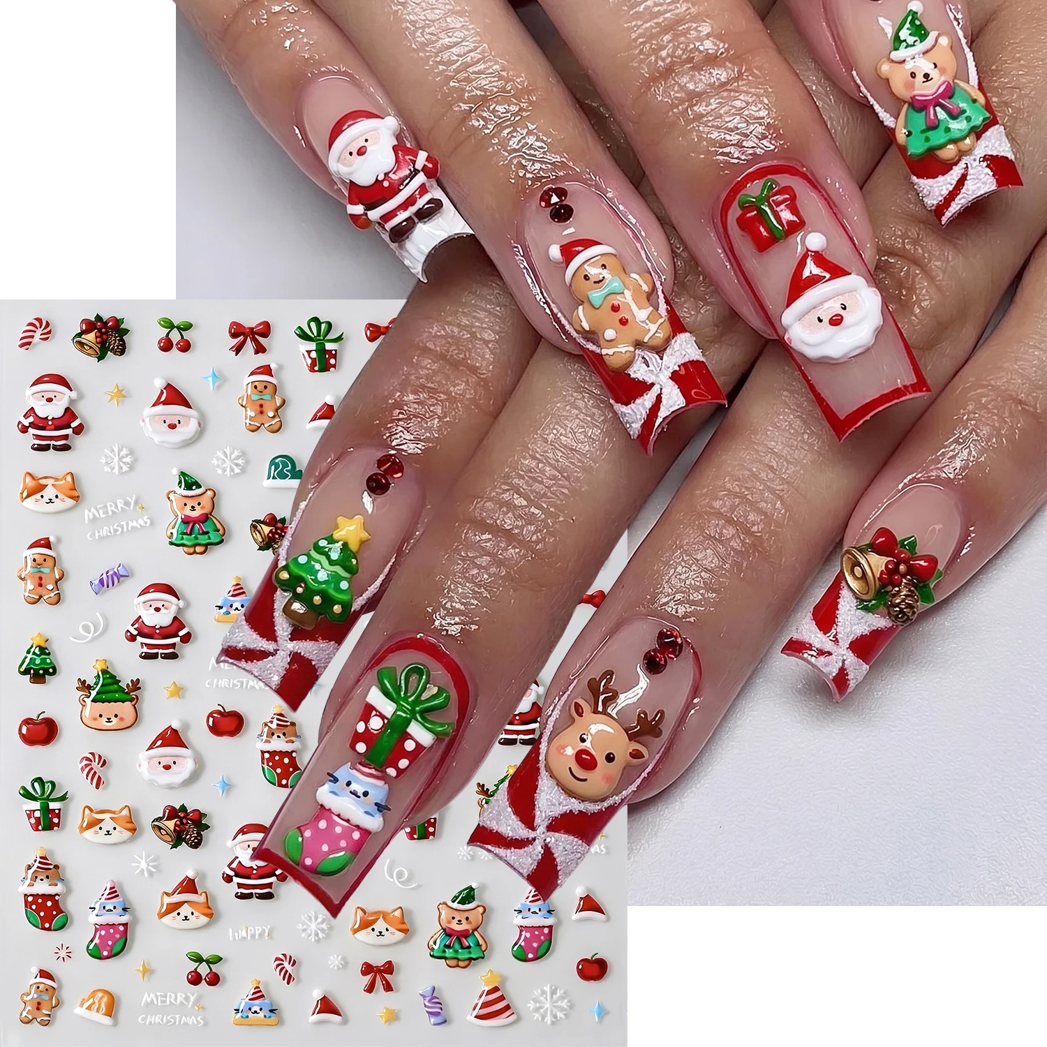 1sheet 5D Embossed Santa Claus Christmas Nail Stickers Gingerbread Cat gift cartoon Nail Decals Christmas 5D Decrations Decals
