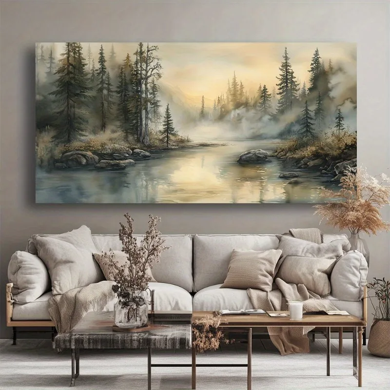 Frameless Canvas Wall Art Misty Forest Lake Modern Abstract Painting Frameless Picture Living Room Bedroom Office Home Decora Hi