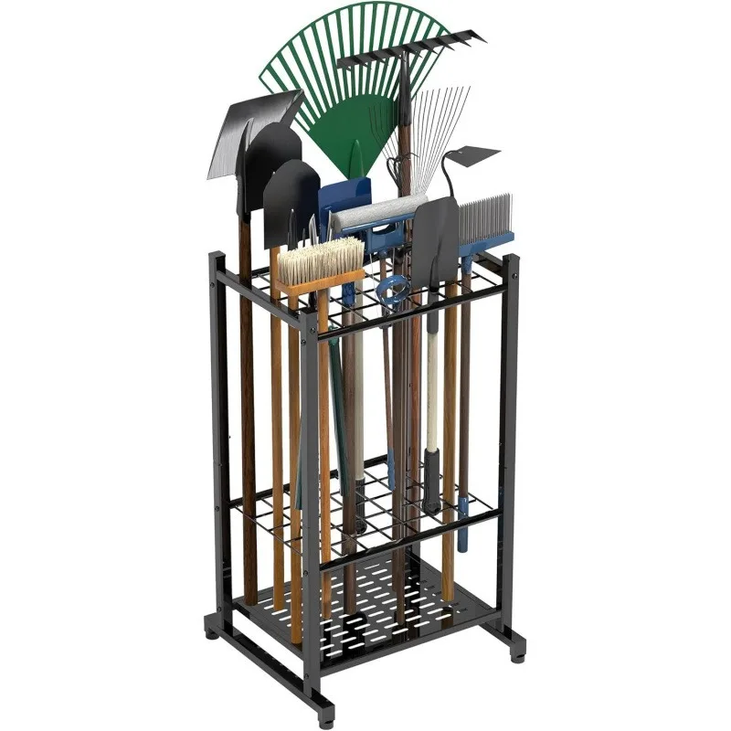 3 Tier Metal Garden Tool Rack Heavy Duty Storage Organizer For Garage Shed Yard Shovel Rake Broom Holder Black Steel Shelving