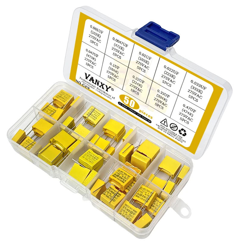 10 values kit 275VAC Polypropylene film capacitor X2 0.001uf 0.0047uf 0.01uf 0.022uf 0.033uf 0.047uf 0.1uf 0.22uf 0.33uf 0.47uf