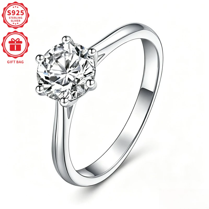 S925 silver six-prong moissanite ring with a 1-carat D-color moissanite. A stylish and versatile piece of jewelry that’s perfect for weddings, parties, daily wear, and as a gift for any occasion.
