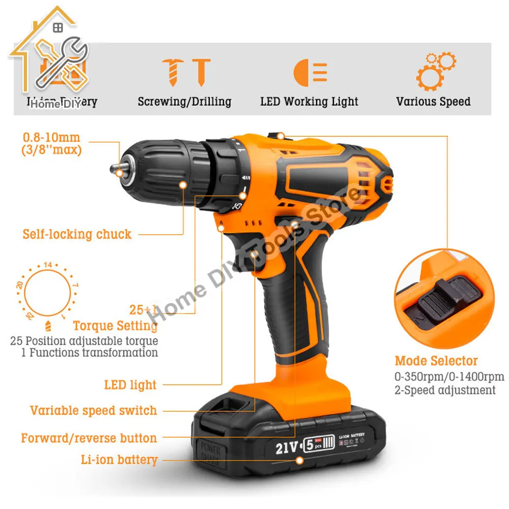 12/21V Impact Cordless Screwdriver high-power High Speed Drills Rechargeable Battery Drill Household Drill Power Tools