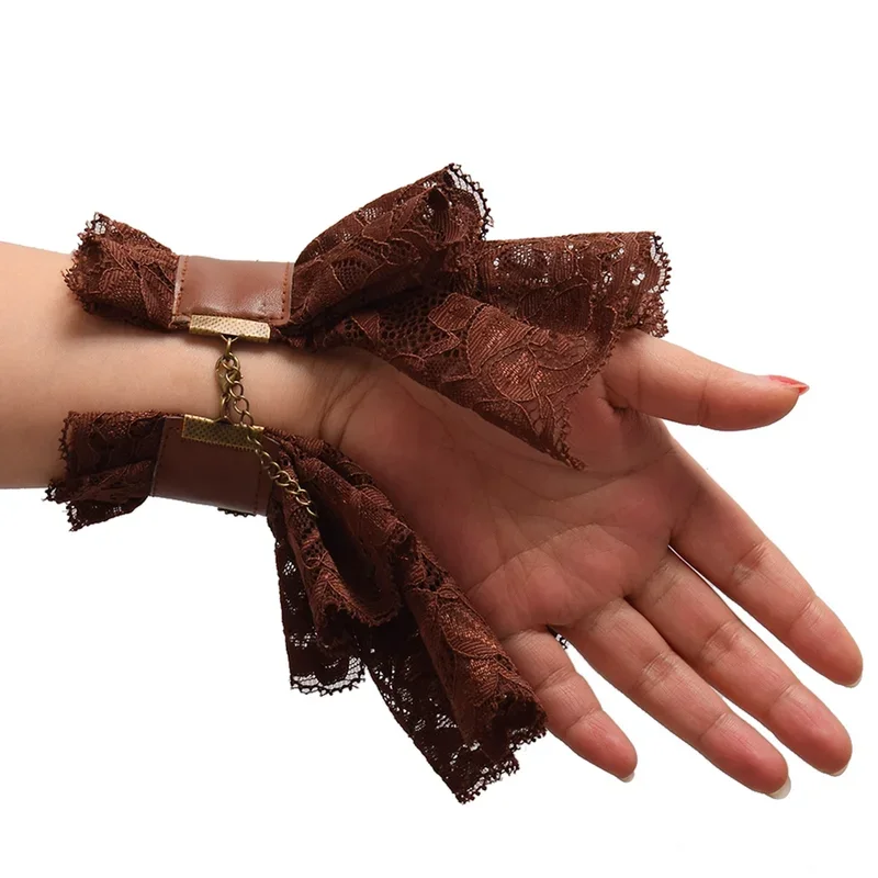 Steampunk Gloves Wrist Cuffs Women Gothic Punk Lolita Cosplay Hand Sleeve Brown Ruffled Lace Bracelets