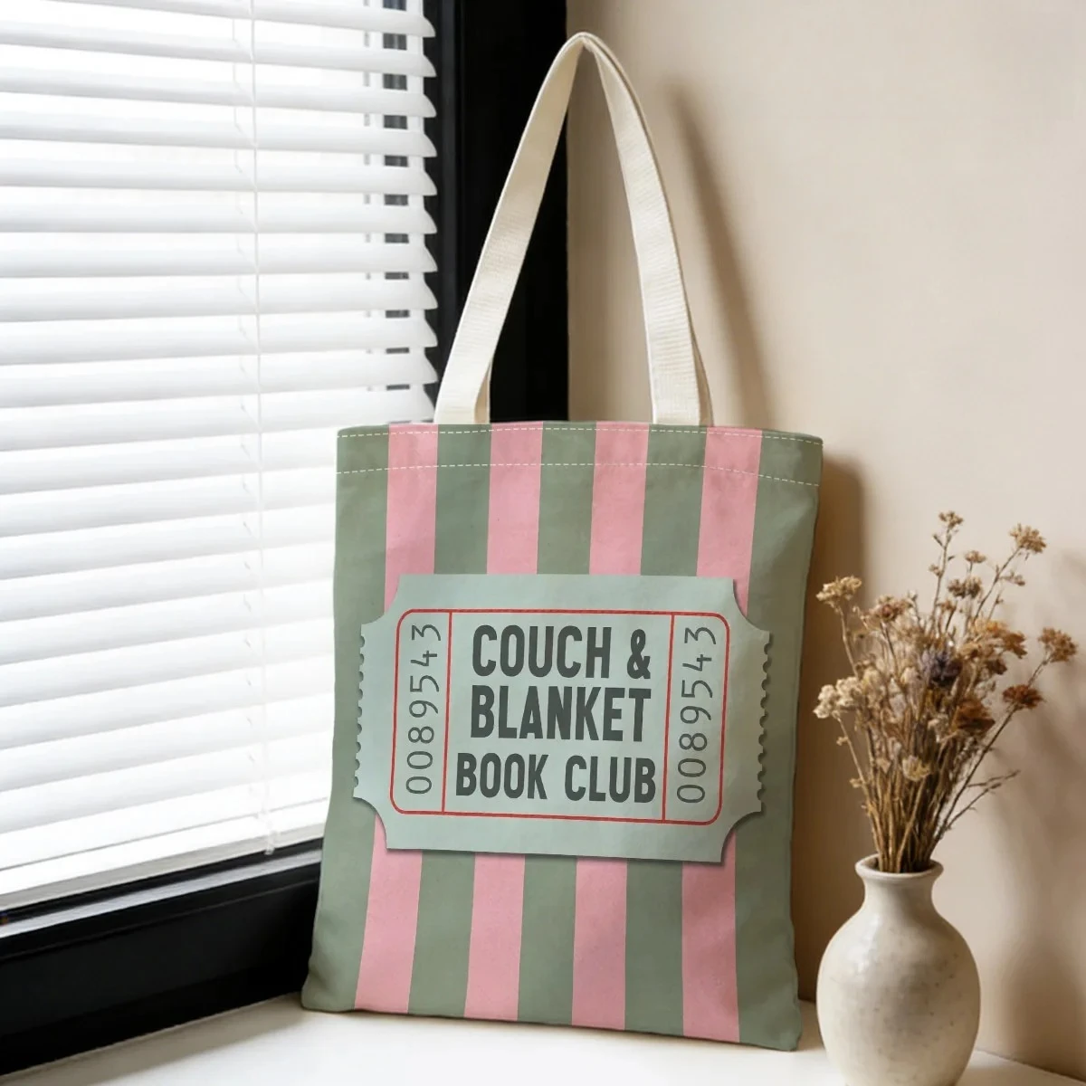 Couch & Blanket Book Club Print Canvas Tote Shopping Bag Retro Ticket Graphic Reusable Shoulder Handbag For Book Lovers