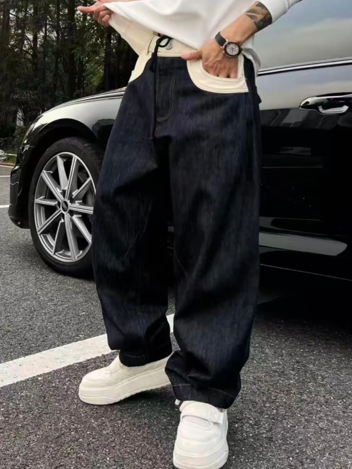 

Мужские джинсы с высокой талией, зауженные к низу, повседневные, свободного прямого кроя, из эластичного денима, с цветными блоками, из смесового хлопка с эффектом потертости, осенняя коллекция