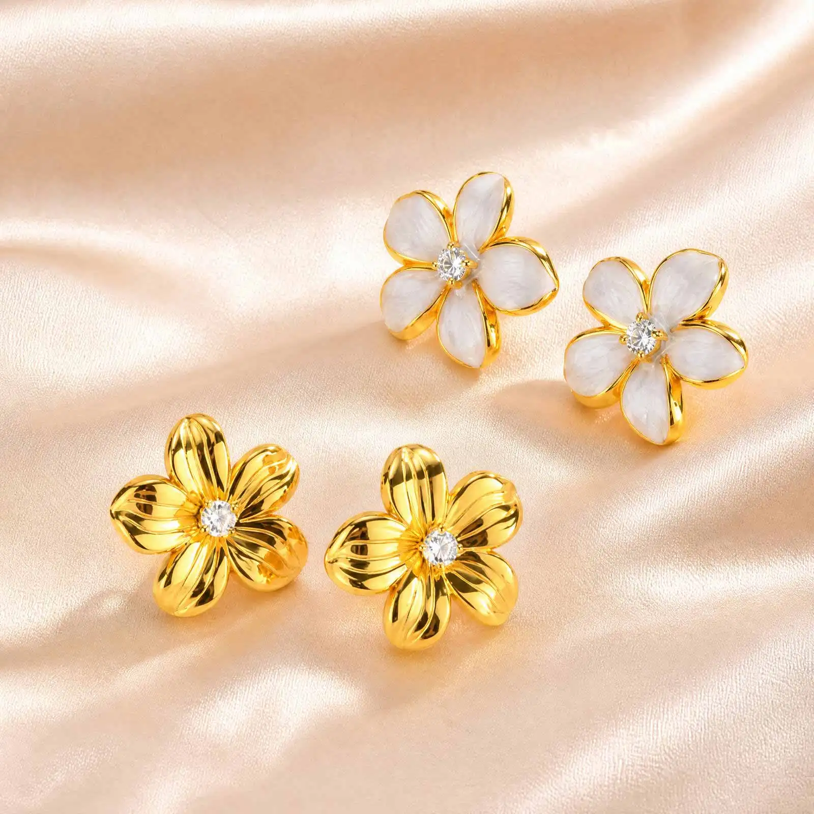 Vnox Trendy Cute Flower Enamel Zirconia Stud Earrings for Women Gold Plated Exaggerate Floral Earrings Daily Party Jewelry