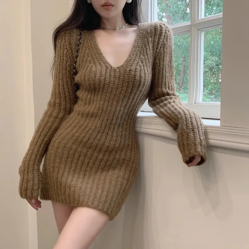 V-Neck Knit Women Dress Korean Sexy Slim Long Sleeve Mini Dress Female Y2K Autumn Streetwear All Match Bottoming Sweater Dress