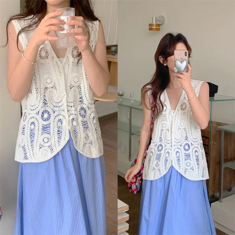 レディース ホローアウト イレギュラー ベスト 韓国風 スリム ショルダーフック フラワー アウル トップス アウター 夏 ファッション