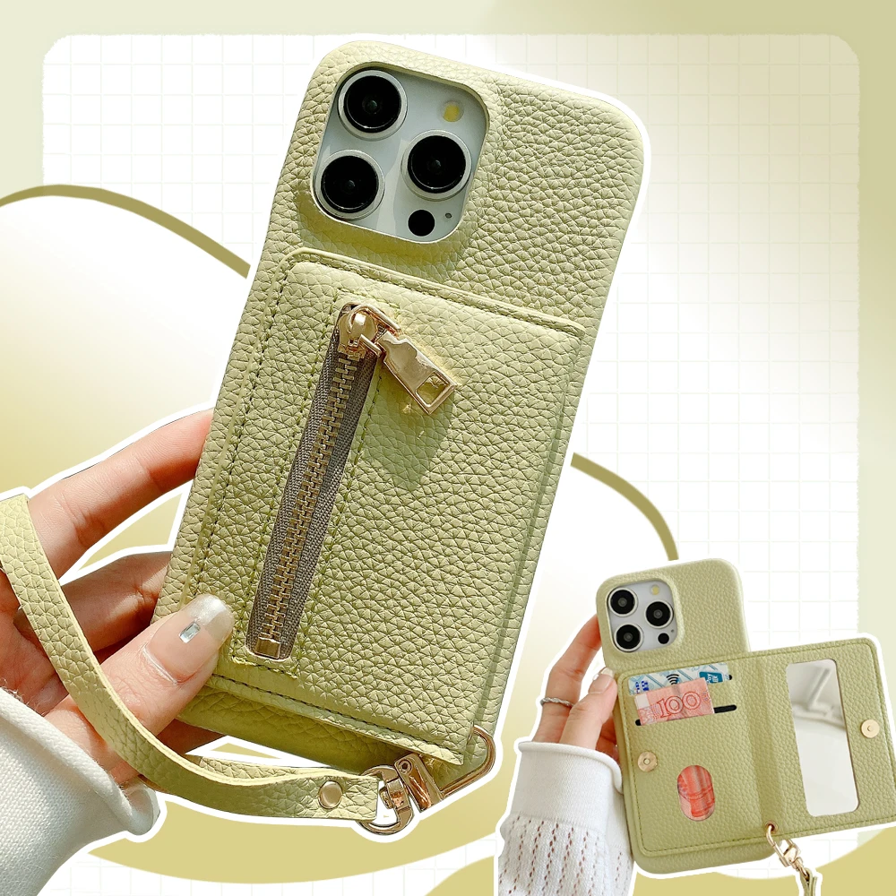 

Zipper Wallet Case For Xiaomi 14 13 12S 12X 12 11 Ultra Luxury Make Up Mirror Leather Lanyard 2 Cards Holder Wrist Cover Funda