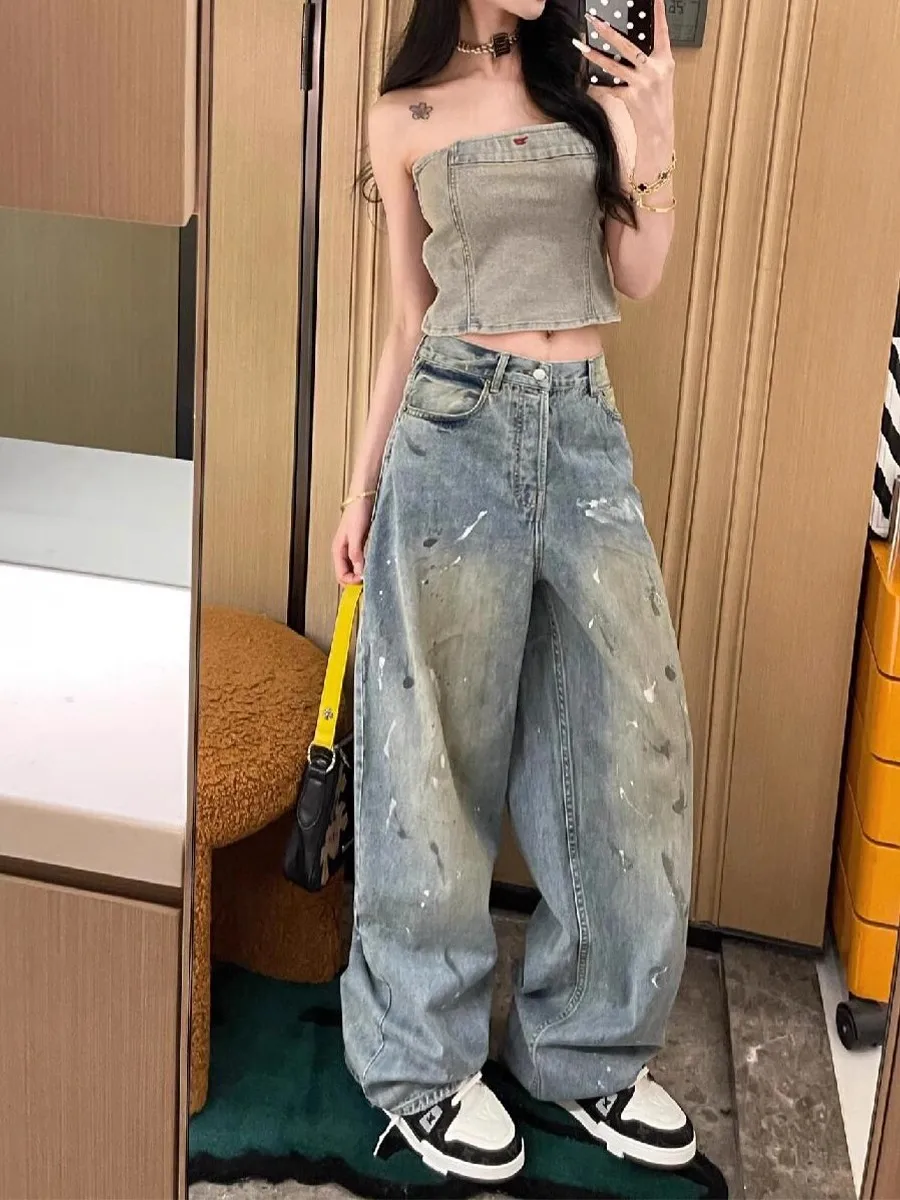

Blue Straight Leg Splashed Ink Denim Pants Women's Slim Fit High Waist Loose Wide Leg Trousers Fashionable Autumn Design