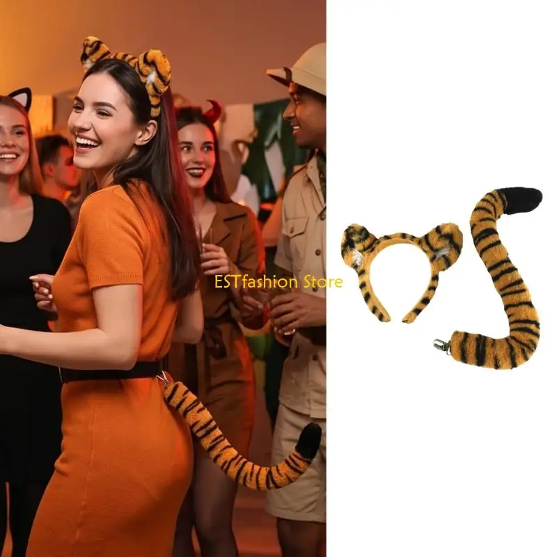 Y5GC Character Costume Accessory with Plush Animal Print Fashion Headband and Tail Set for Cosplay Styling, Party Wear and