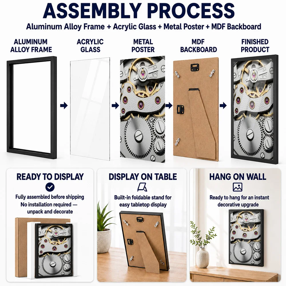 Watch Mechanism Close-Up Framed Aluminum Metal Poster Customized Photo Detailed Movement Style Wall Art For Lounge Luxury Gift