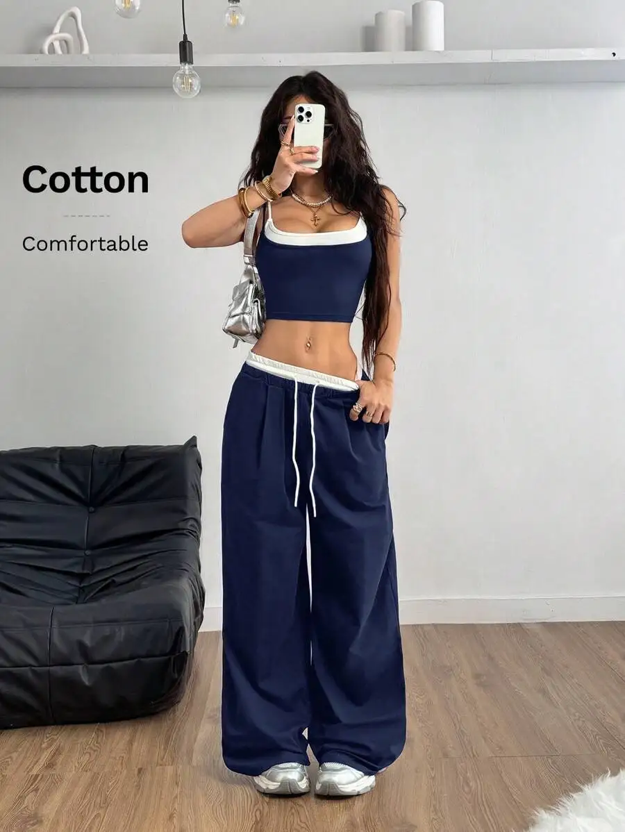 

Womens Cotton Casual Sport Two Piece Set Tank Top And Wide Leg Sweatpants